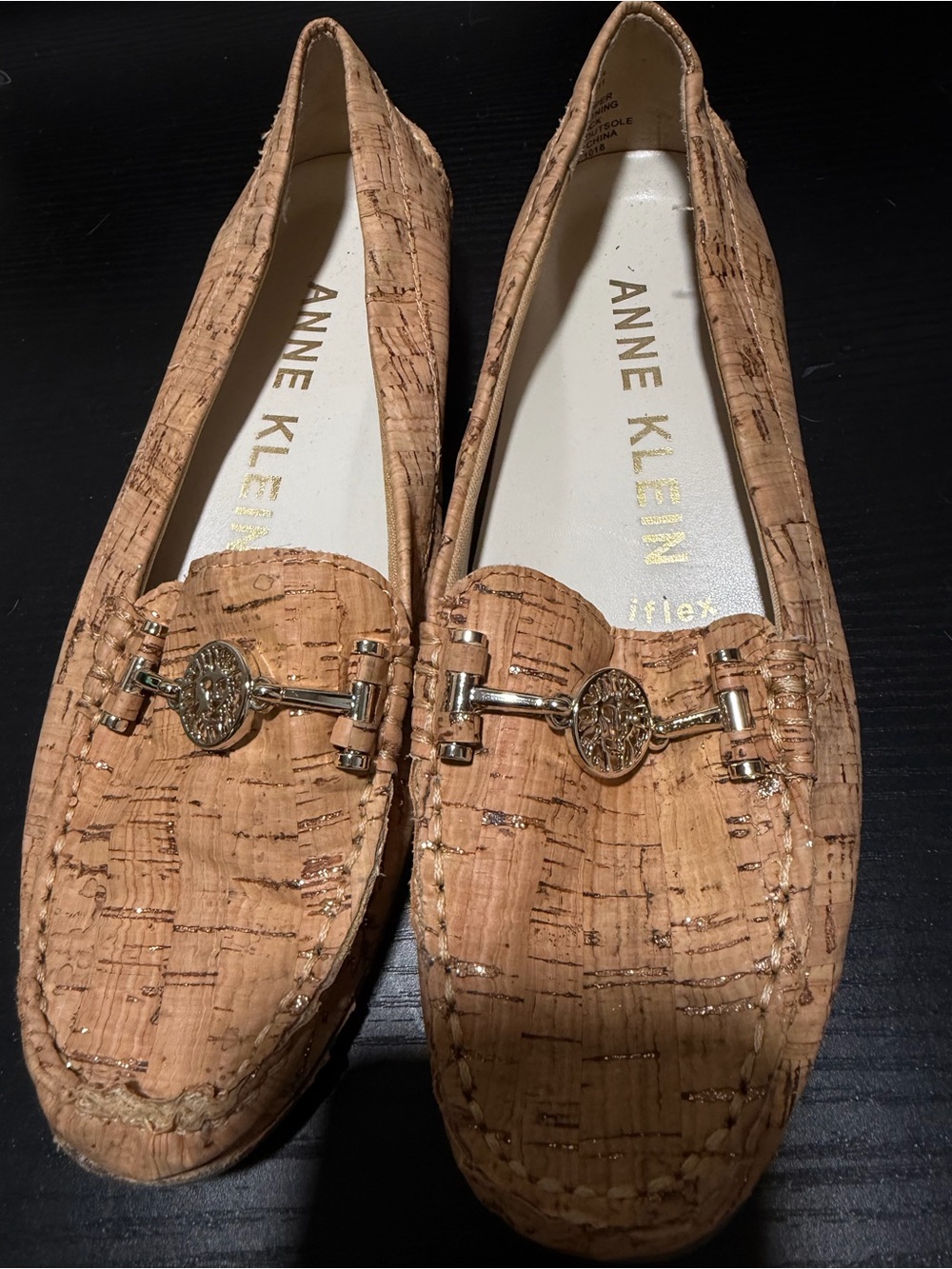 Anne Klein Cork-Textured Tan Loafers with Gold Bit